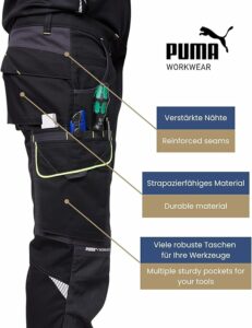 Pantalon de travail PUMA avec multiples poches robustes et coutures renforcées pour outils.
