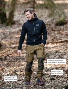 Pantalon de chantier RevolutionRace Nordwand porté en extérieur, coupe robuste et panneaux extensibles pour le travail et les activités outdoor