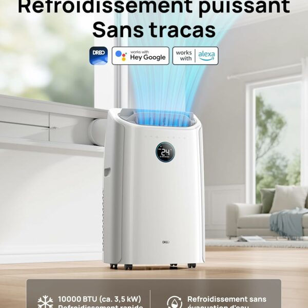 Dreo Climatiseurs mobiles portable 10 000 BTU pour chambre, refroidissement sans drainage, silencieux, contrôle par application/voix, minuterie 24h, avec ventilateur
