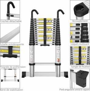 Échelle télescopique portable en aluminium avec barre stabilisatrice, pieds antidérapants et système de verrouillage sécurisé.