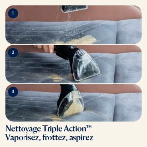 Shampouineuse textile avec nettoyage triple action pour enlever une tache sur siège auto, système vaporiser frotter aspirer.