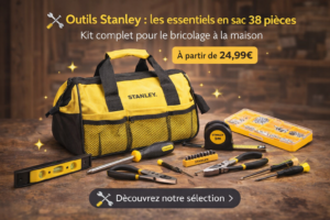 Outils Stanley 38 pièces présentés dans un sac de transport avec marteau, tournevis, pinces et accessoires pour bricolage et dépannage maison