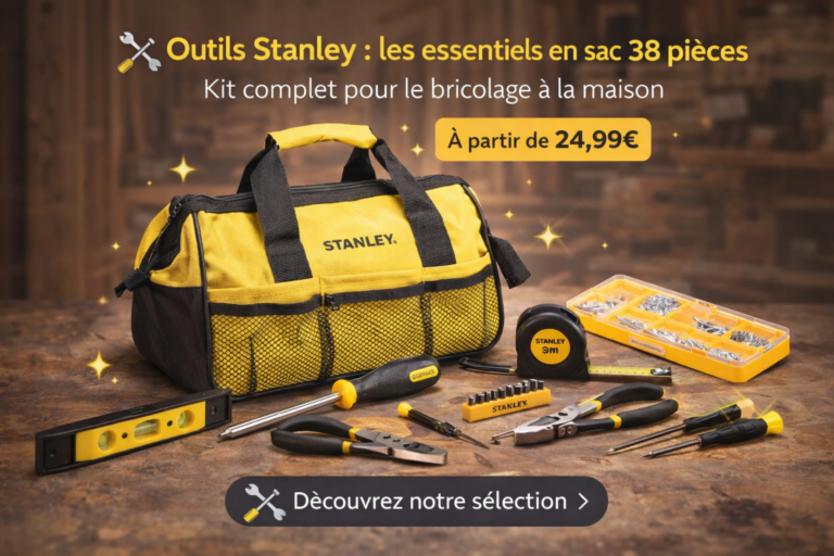 Outils Stanley 38 pièces présentés dans un sac de transport avec marteau, tournevis, pinces et accessoires pour bricolage et dépannage maison
