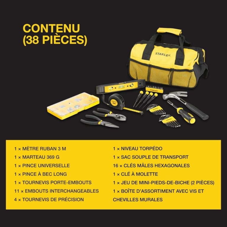 Kit essentiel 38 outils Stanley présenté avec marteau, tournevis, pinces et sac de transport