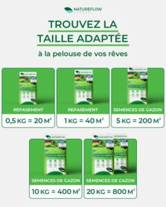 tailles disponibles semences gazon regarnissage rapide 0,5 kg 1 kg 5 kg 10 kg 20 kg surface couverte