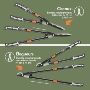 outils entretien jardin télescopiques avec poignées extensibles pour atteindre les branches en hauteur