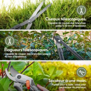 outils entretien jardin avec ciseaux télescopiques, ébrancheur et sécateur pour tailler haies et arbustes