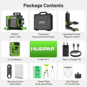 meilleur niveau laser Huepar W03CG avec accessoires inclus, valise rigide, support magnétique, batterie Li-ion, télécommande et kit chargeur USB-C