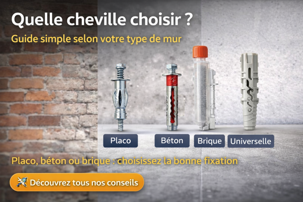 Image présentant différents types de chevilles pour placo, béton et brique avec fond mural illustrant le choix de fixation adaptée selon le type de mur.
