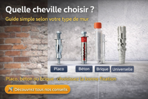 Image présentant différents types de chevilles pour placo, béton et brique avec fond mural illustrant le choix de fixation adaptée selon le type de mur.