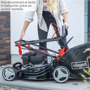 Tondeuse à gazon thermique mulching avec guidon repliable, compacte et facile à transporter pour rangement simplifié.