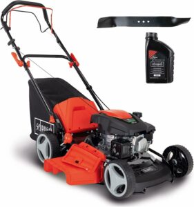 Tondeuse mulching thermique 150 cm³ autotractée avec lame et huile moteur incluses, largeur de coupe 46 cm pour entretien de pelouse jusqu’à 1000 m².