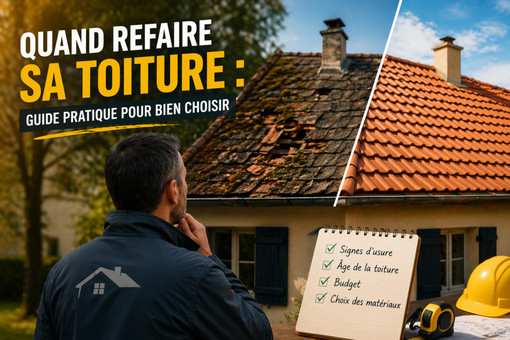 quand refaire sa toiture illustration comparant une toiture ancienne abîmée et une toiture neuve en tuiles avec artisan en réflexion