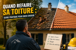 quand refaire sa toiture illustration comparant une toiture ancienne abîmée et une toiture neuve en tuiles avec artisan en réflexion