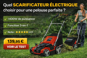 scarificateur électrique Einhell GE-SA 1435/1 1400W en action pour enlever la mousse du gazon au printemps, modèle 3-en-1 noté 4,2 étoiles à 139,95 €