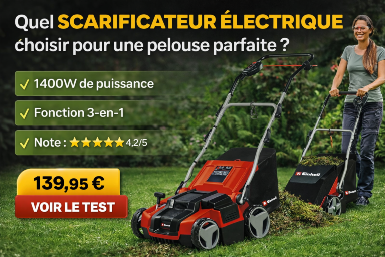 scarificateur électrique Einhell GE-SA 1435/1 1400W en action pour enlever la mousse du gazon au printemps, modèle 3-en-1 noté 4,2 étoiles à 139,95 €